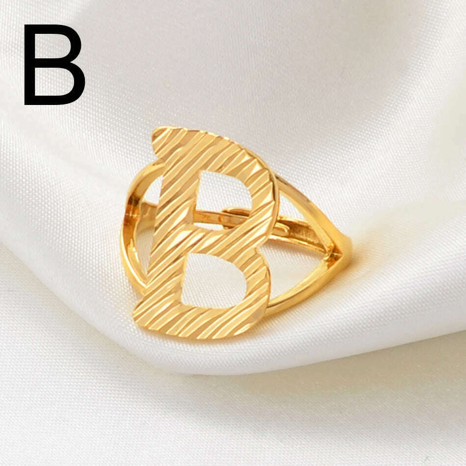 KIMLUD, Anniyo A-Z Letters Ring Women Girl Gold Color African Initial Rings Resizable English Jewelry Alphabet Finger Ring Arab #241206, B Gold / resizable, KIMLUD Womens Clothes