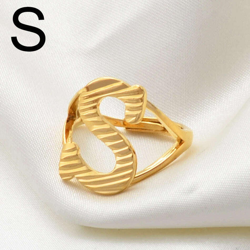 KIMLUD, Anniyo A-Z Letters Ring Women Girl Gold Color African Initial Rings Resizable English Jewelry Alphabet Finger Ring Arab #241206, S Gold / resizable, KIMLUD Womens Clothes