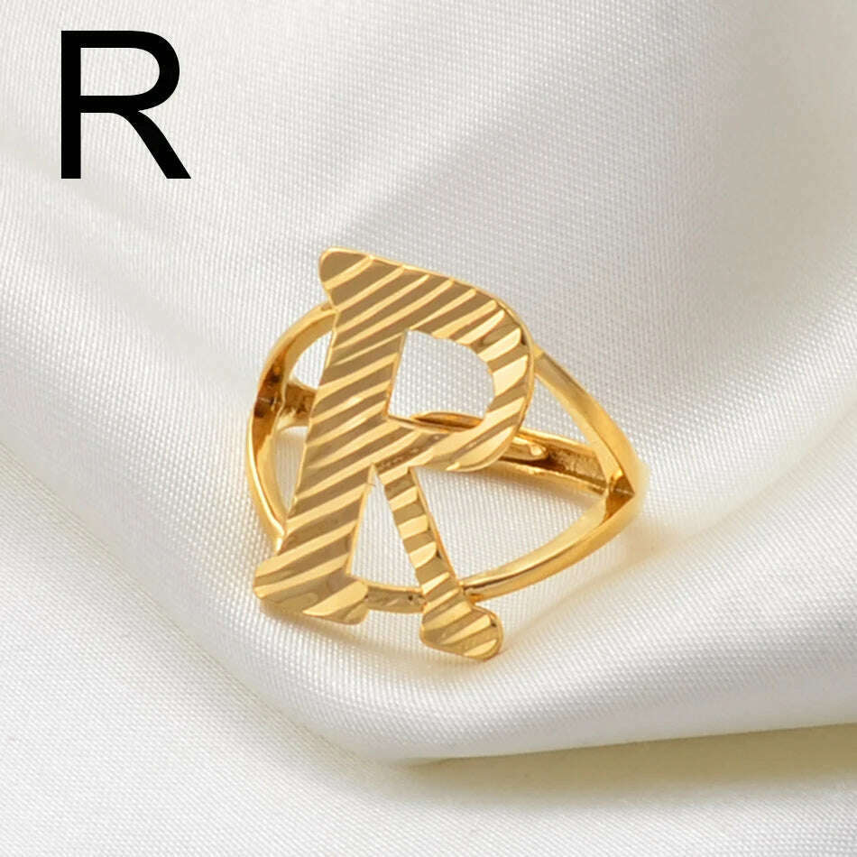 KIMLUD, Anniyo A-Z Letters Ring Women Girl Gold Color African Initial Rings Resizable English Jewelry Alphabet Finger Ring Arab #241206, R Gold / resizable, KIMLUD Womens Clothes