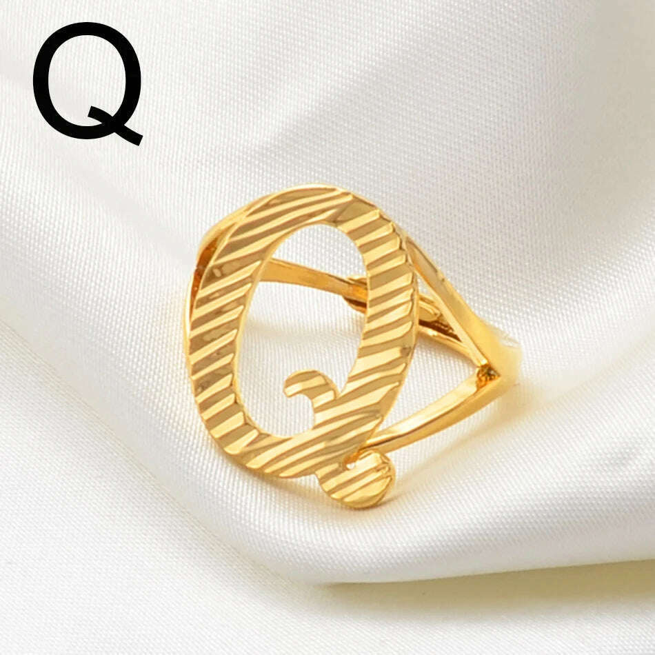 KIMLUD, Anniyo A-Z Letters Ring Women Girl Gold Color African Initial Rings Resizable English Jewelry Alphabet Finger Ring Arab #241206, Q Gold / resizable, KIMLUD Womens Clothes