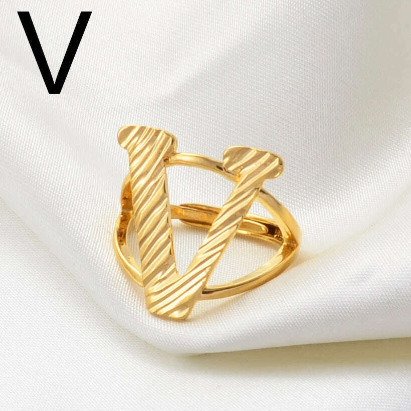 KIMLUD, Anniyo A-Z Letters Ring Women Girl Gold Color African Initial Rings Resizable English Jewelry Alphabet Finger Ring Arab #241206, V Gold / resizable, KIMLUD Womens Clothes