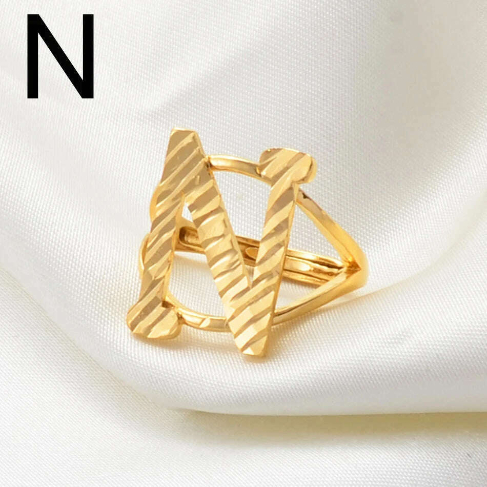 KIMLUD, Anniyo A-Z Letters Ring Women Girl Gold Color African Initial Rings Resizable English Jewelry Alphabet Finger Ring Arab #241206, N Gold / resizable, KIMLUD Womens Clothes