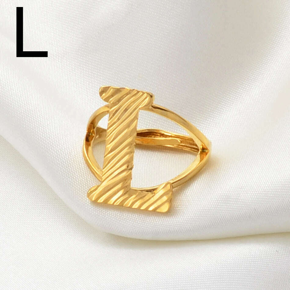 KIMLUD, Anniyo A-Z Letters Ring Women Girl Gold Color African Initial Rings Resizable English Jewelry Alphabet Finger Ring Arab #241206, L Gold / resizable, KIMLUD Womens Clothes