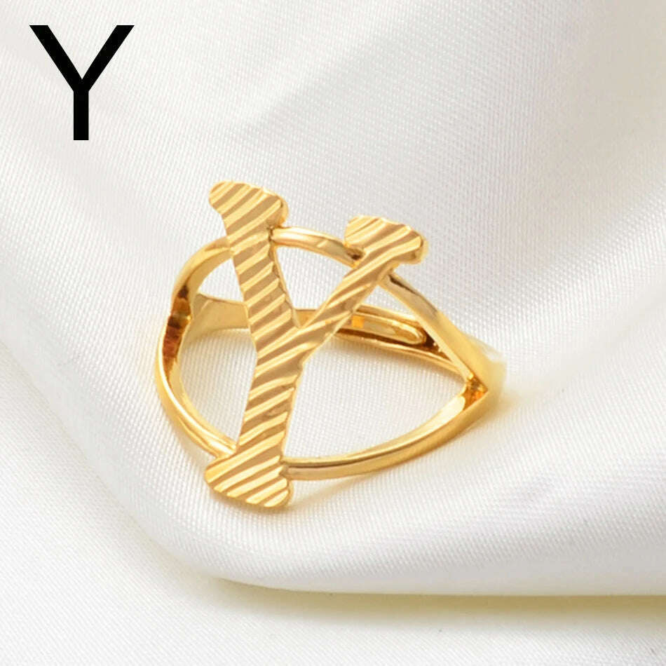 Anniyo A-Z Letters Ring Women Girl Gold Color African Initial Rings Resizable English Jewelry Alphabet Finger Ring Arab #241206 - KIMLUD