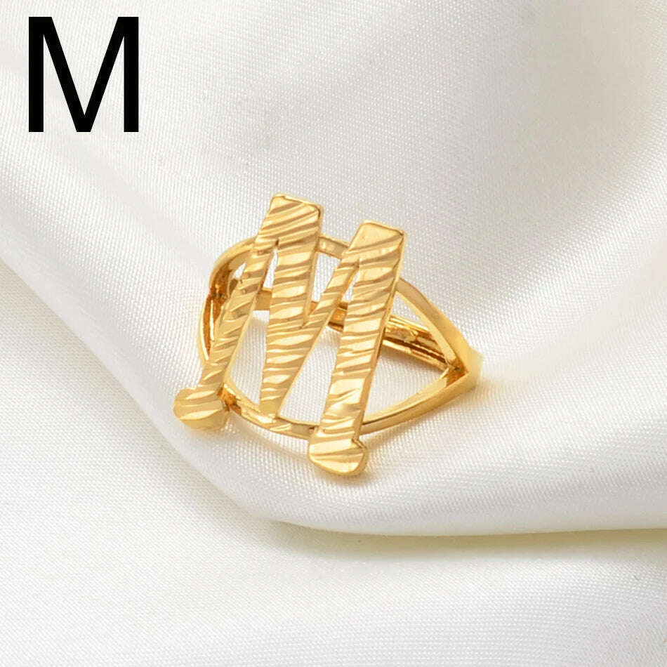 KIMLUD, Anniyo A-Z Letters Ring Women Girl Gold Color African Initial Rings Resizable English Jewelry Alphabet Finger Ring Arab #241206, M Gold / resizable, KIMLUD Womens Clothes