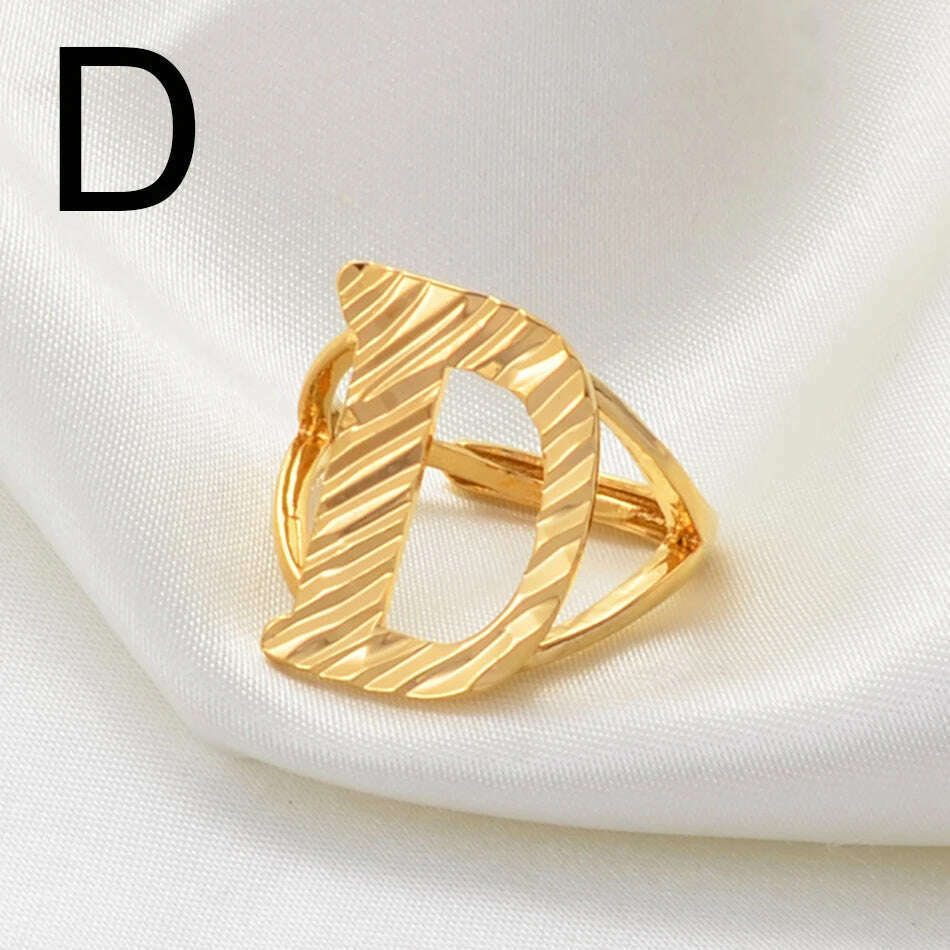 KIMLUD, Anniyo A-Z Letters Ring Women Girl Gold Color African Initial Rings Resizable English Jewelry Alphabet Finger Ring Arab #241206, D Gold / resizable, KIMLUD Womens Clothes