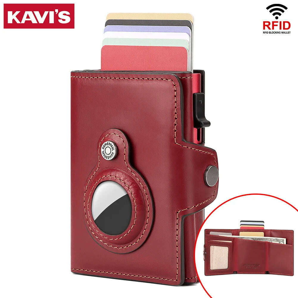 Anti-scan Magnet Credit Card Holder Wallet Genuine Leather Automatic Pop Out Aluminum Smart Wallets Luxury AirTag Purse Set - KIMLUD