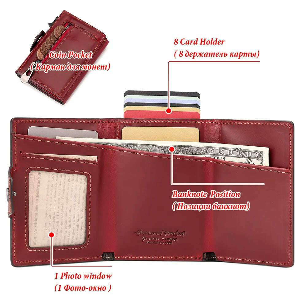 Anti-scan Magnet Credit Card Holder Wallet Genuine Leather Automatic Pop Out Aluminum Smart Wallets Luxury AirTag Purse Set - KIMLUD