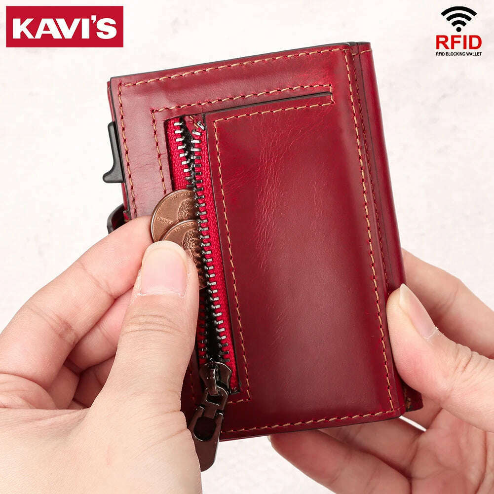 Anti-scan Magnet Credit Card Holder Wallet Genuine Leather Automatic Pop Out Aluminum Smart Wallets Luxury AirTag Purse Set - KIMLUD