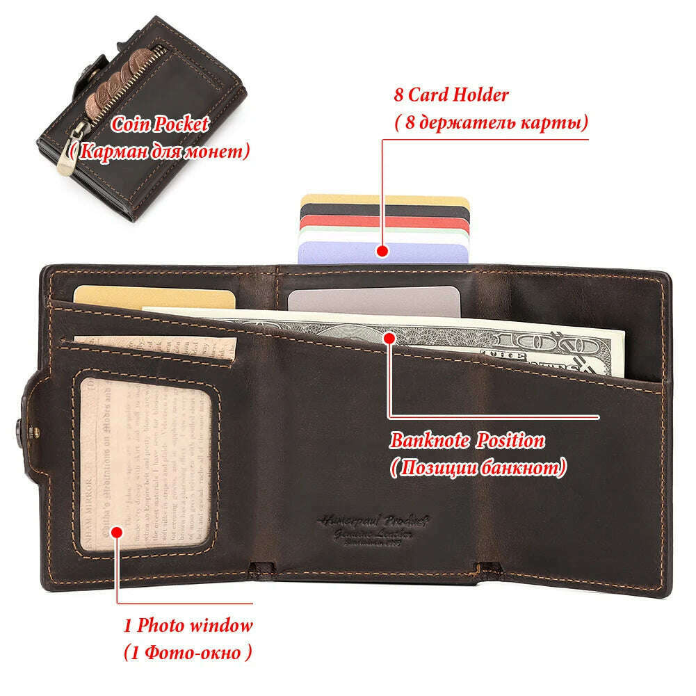 Anti-scan Magnet Credit Card Holder Wallet Genuine Leather Automatic Pop Out Aluminum Smart Wallets Luxury AirTag Purse Set - KIMLUD