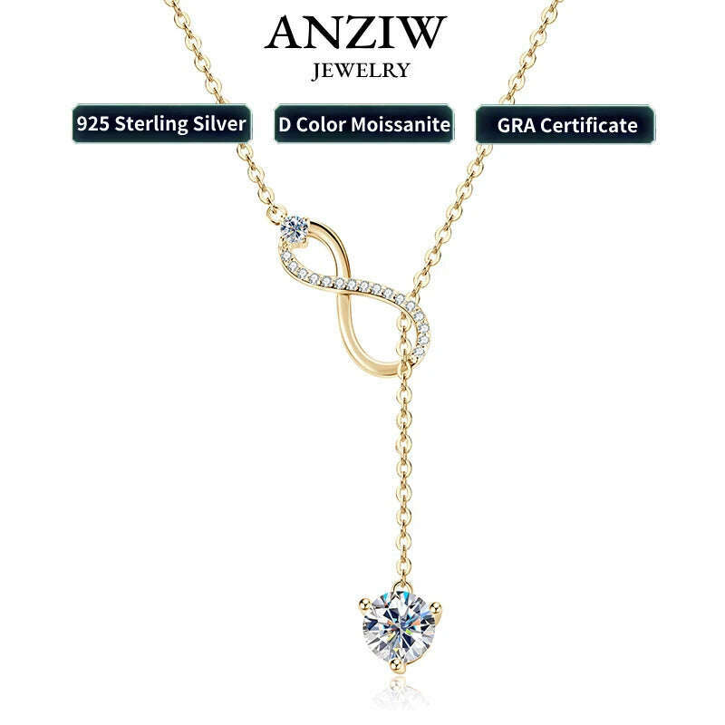 KIMLUD, Anziw 925 Silver Infinity Necklace for Women 6.5mm D Color Moisasnite Pendant Y Shape Necklaces Anniversary Wedding Jewelry Gift, KIMLUD Womens Clothes