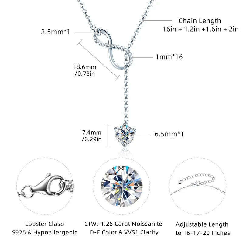 KIMLUD, Anziw 925 Silver Infinity Necklace for Women 6.5mm D Color Moisasnite Pendant Y Shape Necklaces Anniversary Wedding Jewelry Gift, KIMLUD Womens Clothes