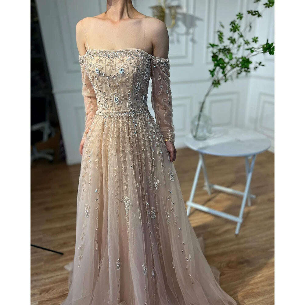 KIMLUD, Arabic Nude Sexy Boat Neck A Line Beaded Long Evening Dresses Gowns For Women Wedding Party Plus Size 2023 BLA71803B Serene Hill, KIMLUD Womens Clothes