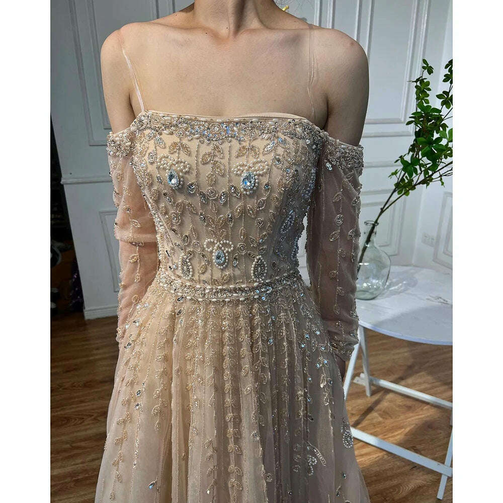 KIMLUD, Arabic Nude Sexy Boat Neck A Line Beaded Long Evening Dresses Gowns For Women Wedding Party Plus Size 2023 BLA71803B Serene Hill, KIMLUD Womens Clothes