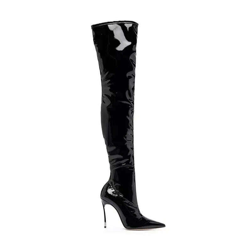 KIMLUD, Arden Furtado 2024 black over the knee boots for women Shiny Leather stiletto heels Sexy  Pointed toe  fall boots for women 2024, KIMLUD Womens Clothes