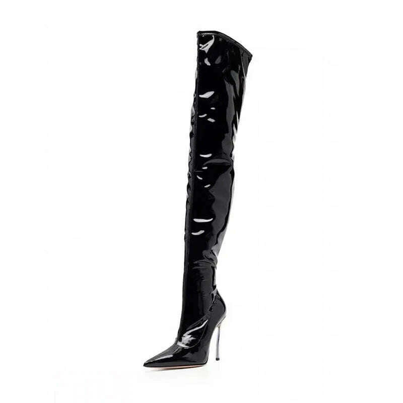 KIMLUD, Arden Furtado 2024 black over the knee boots for women Shiny Leather stiletto heels Sexy  Pointed toe  fall boots for women 2024, KIMLUD Womens Clothes