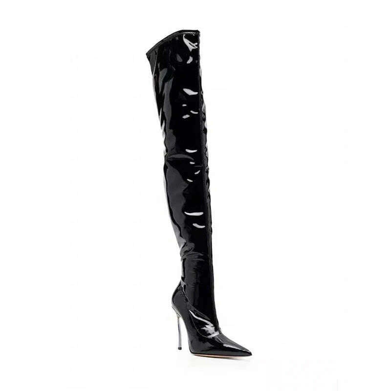 KIMLUD, Arden Furtado 2024 black over the knee boots for women Shiny Leather stiletto heels Sexy  Pointed toe  fall boots for women 2024, KIMLUD Womens Clothes