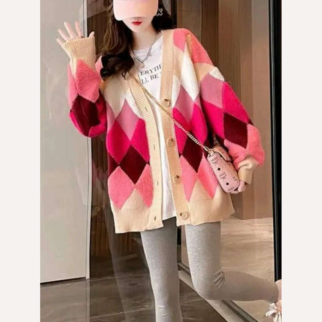 KIMLUD, Argyle Cardigan Women Knitted Sweater Loose Single Breasted Students V-neck Lovely Knitwear Korean Oversize Cardigan Winter Tops, KIMLUD Womens Clothes