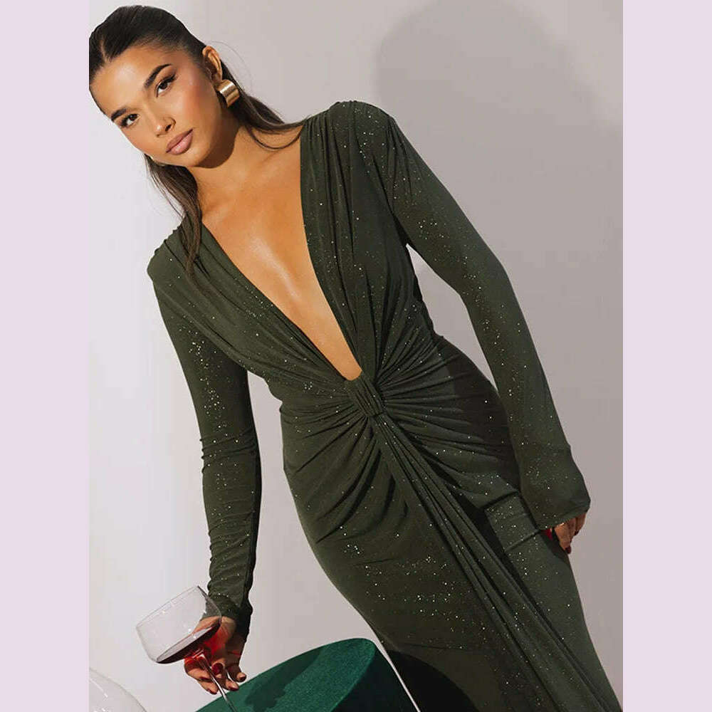 Articat Elegant Long Sleeve Elastic Tight Party Evening Dress For Women Sexy Deep V-Fold Lace Vestido Autumn/Winter New 2025 - KIMLUD