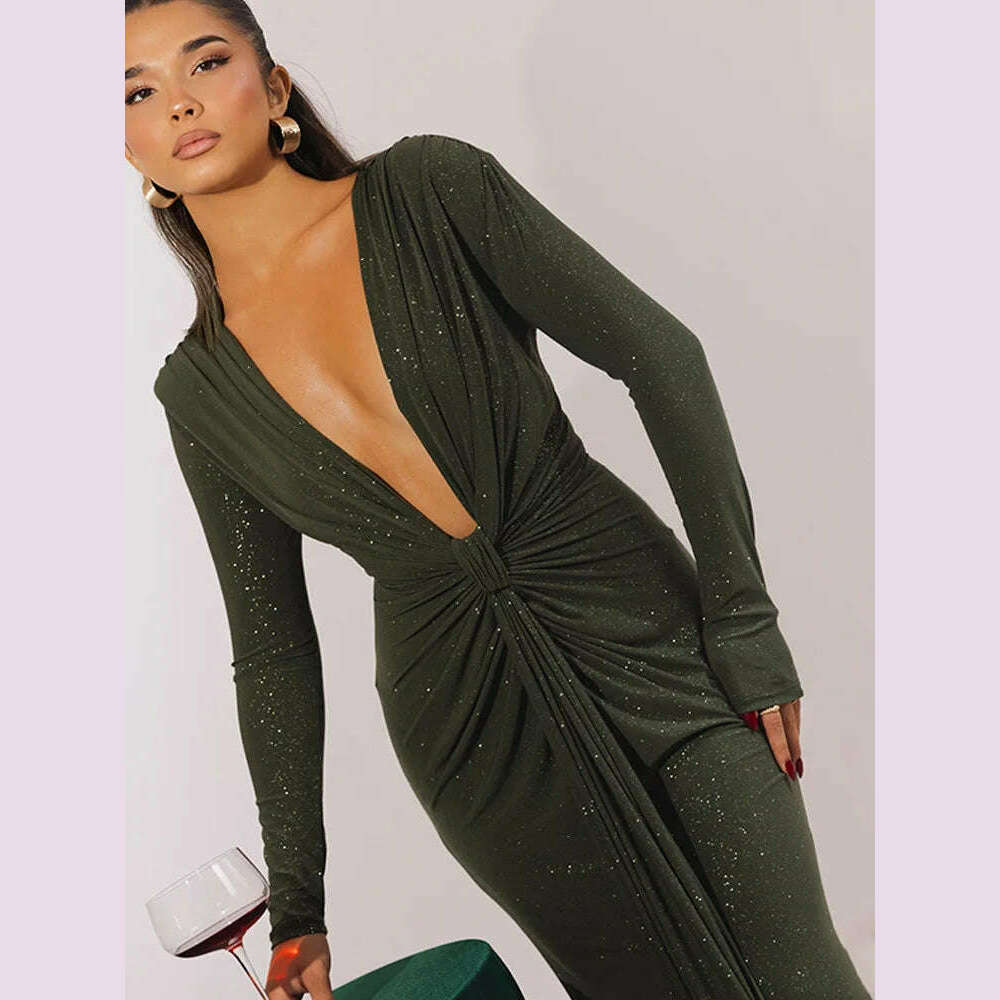 KIMLUD, Articat Elegant Long Sleeve Elastic Tight Party Evening Dress For Women Sexy Deep V-Fold Lace Vestido Autumn/Winter New 2025, army green / M, KIMLUD APPAREL - Womens Clothes