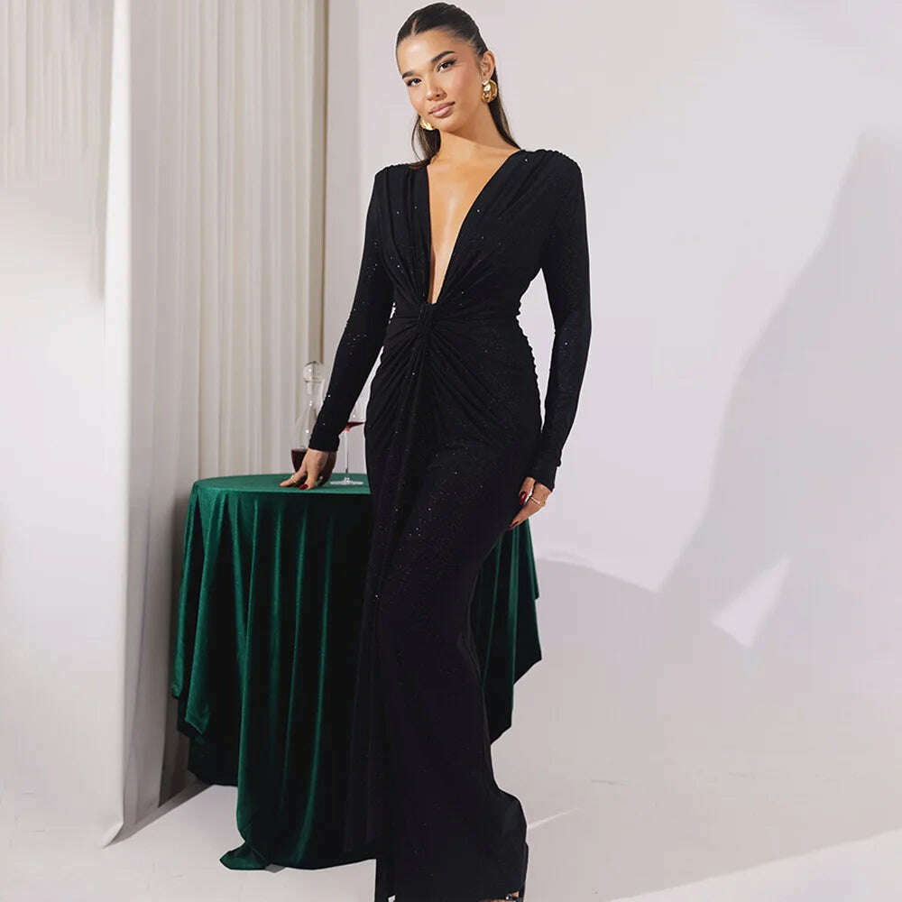 Articat Elegant Long Sleeve Elastic Tight Party Evening Dress For Women Sexy Deep V-Fold Lace Vestido Autumn/Winter New 2025 - KIMLUD