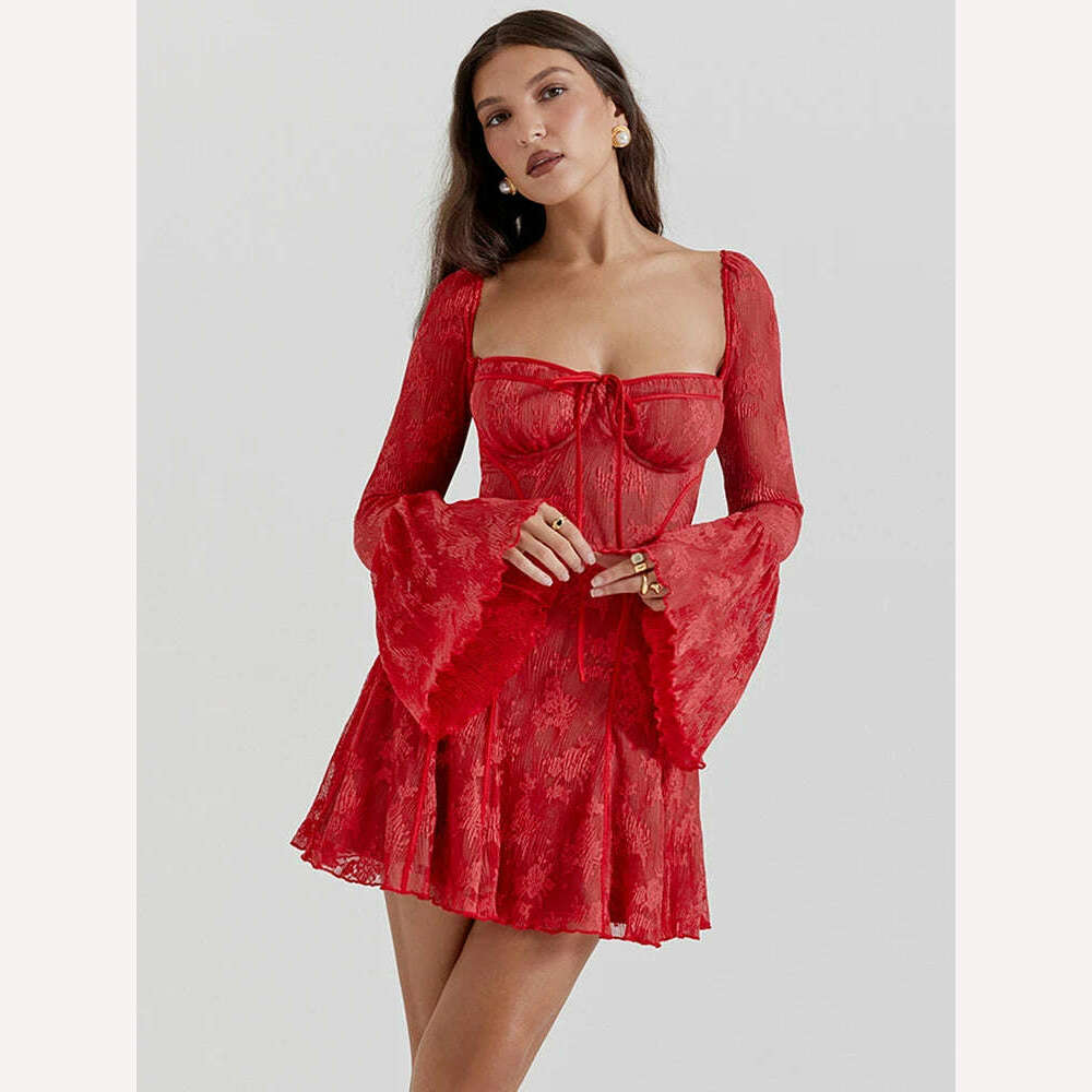 KIMLUD, Articat Temperament Christmas Red Long Sleeved Dress Women Lace Patchwork Ruffled Edge Mini Dress Female Bodycon Party Evening, KIMLUD Womens Clothes