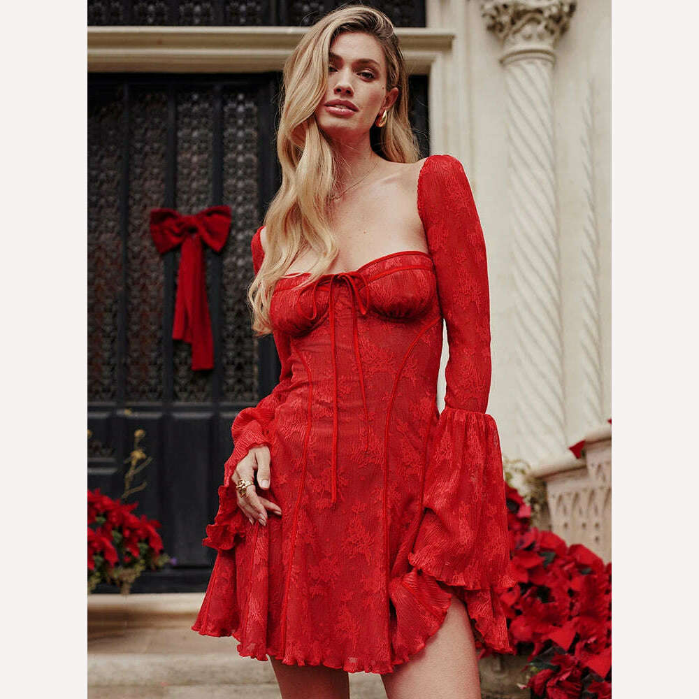 KIMLUD, Articat Temperament Christmas Red Long Sleeved Dress Women Lace Patchwork Ruffled Edge Mini Dress Female Bodycon Party Evening, KIMLUD Womens Clothes