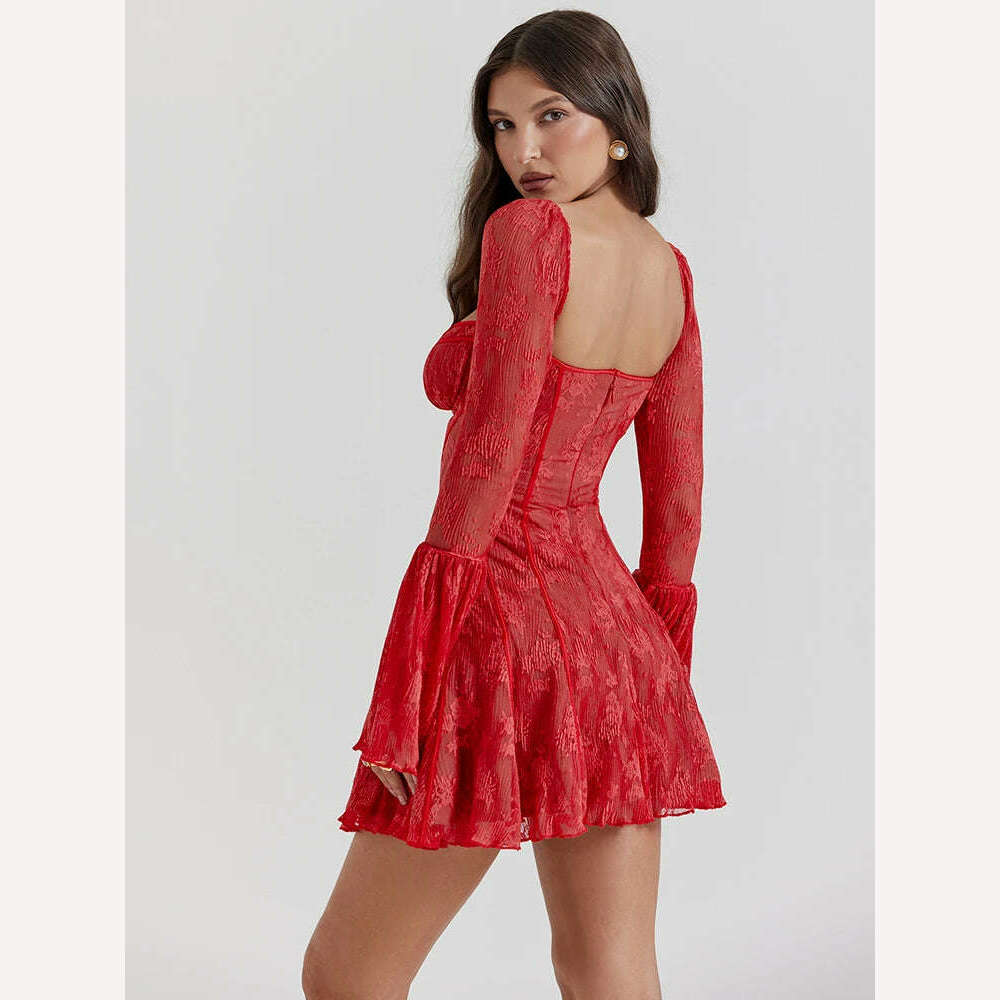 KIMLUD, Articat Temperament Christmas Red Long Sleeved Dress Women Lace Patchwork Ruffled Edge Mini Dress Female Bodycon Party Evening, KIMLUD Womens Clothes