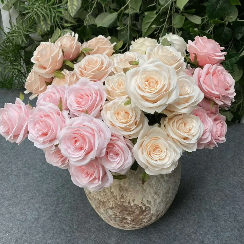 Artificial Silk Rose Bouquet Romantic Wedding Bridal Bouquet Home Garden Desktop Flower Arrangement Photography Fake Flowers - KIMLUD