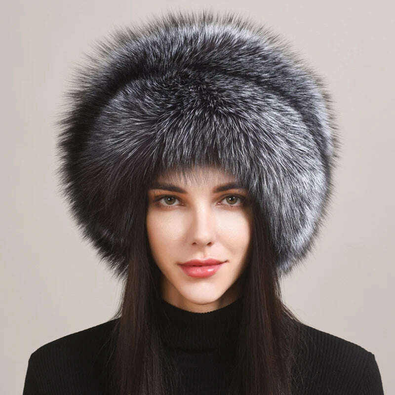 KIMLUD, Autumn and winter 2023 New Women's Genuine Natural Fox Fur Cap Russian Fur Hat Real Fox Fur Hat Dome Mongolian Hat, KIMLUD Womens Clothes