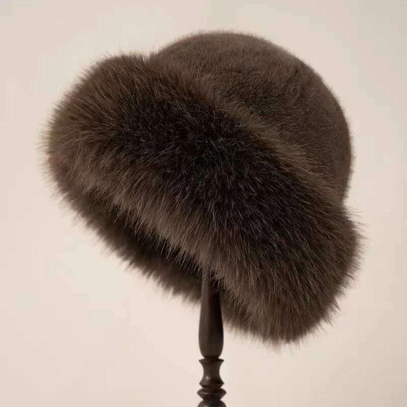 KIMLUD, Autumn And Winter 2024 New Women's Fashion Fur Cap Fur Hat Fur Hats Mongolian Hat Brimless Plush Fluffy Skiing Riding Warm Caps, KIMLUD Womens Clothes