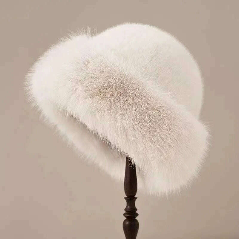 KIMLUD, Autumn And Winter 2024 New Women's Fashion Fur Cap Fur Hat Fur Hats Mongolian Hat Brimless Plush Fluffy Skiing Riding Warm Caps, KIMLUD Womens Clothes