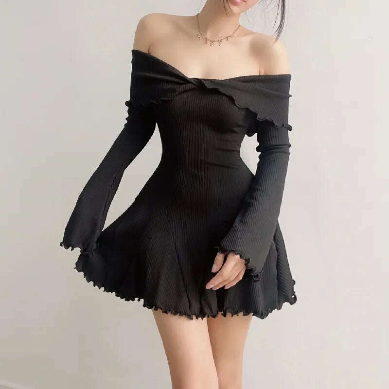 KIMLUD, Autumn Black A-LINE Dress Women Streetwear Sexy Strapless Off Shoulder Long Sleeves Knitting Mini Dresses Club Elegant Partywear, KIMLUD Womens Clothes