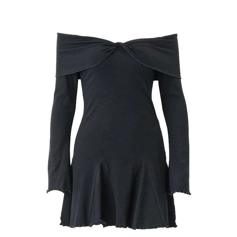 KIMLUD, Autumn Black A-LINE Dress Women Streetwear Sexy Strapless Off Shoulder Long Sleeves Knitting Mini Dresses Club Elegant Partywear, KIMLUD Womens Clothes