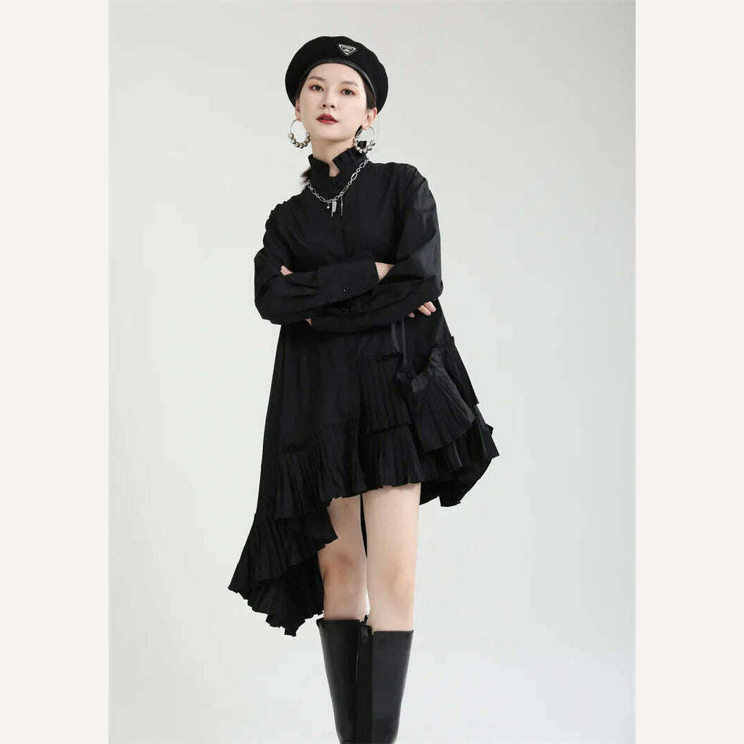 Autumn clothes for women2023New product stand-up collar hem pleated French shirt skirt irregular loose large hem dress - KIMLUD