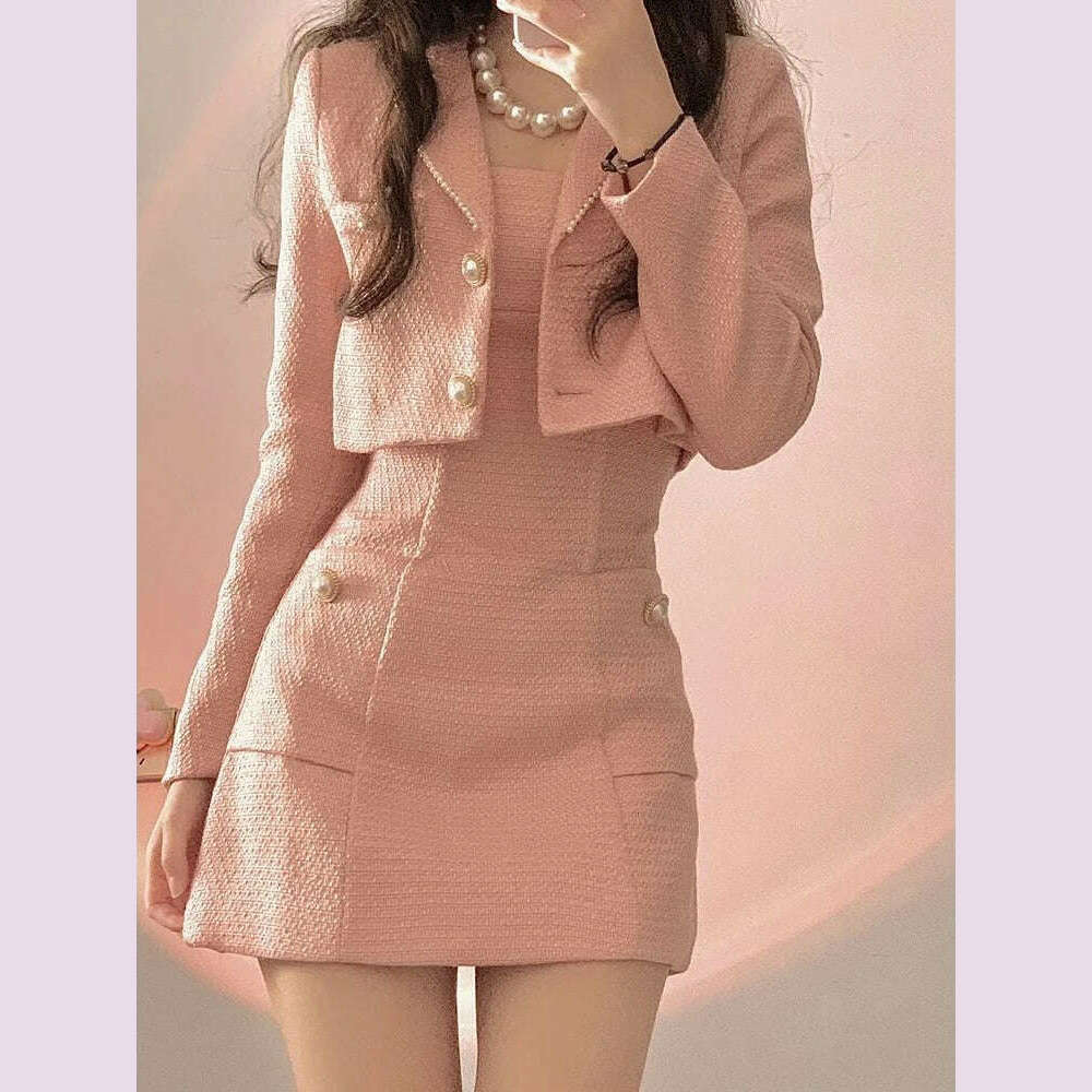 Autumn Pink Elegant Two Piece Set Women Korean Style Balzer Coat+Strap Mini Dress Set Female Solid Casual Slim Designer Set 2022 - KIMLUD