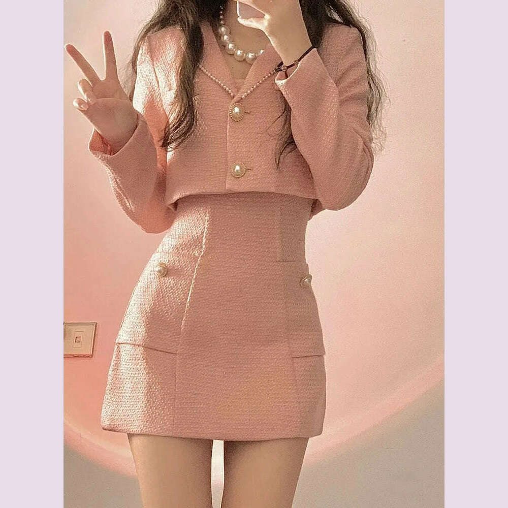 Autumn Pink Elegant Two Piece Set Women Korean Style Balzer Coat+Strap Mini Dress Set Female Solid Casual Slim Designer Set 2022 - KIMLUD