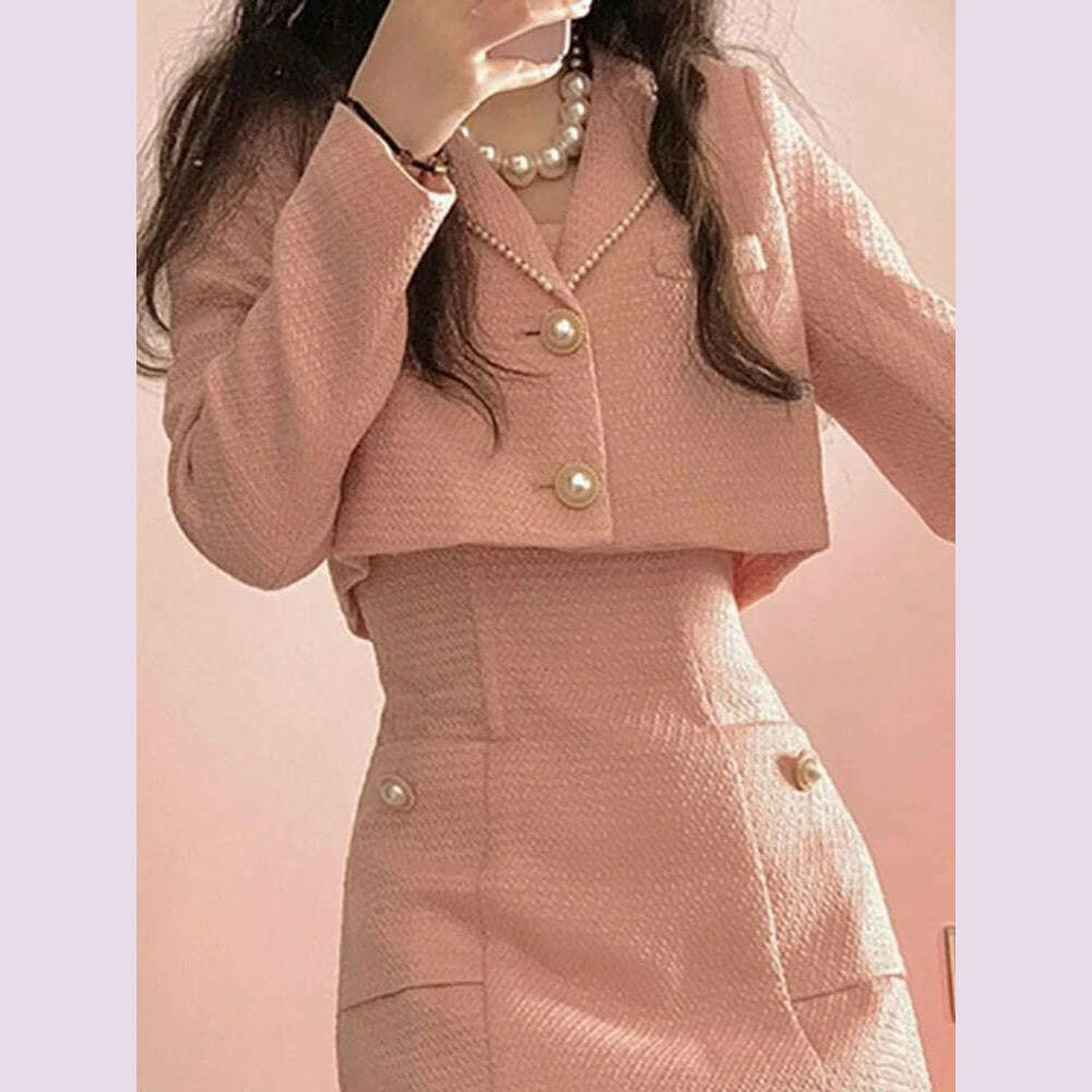 Autumn Pink Elegant Two Piece Set Women Korean Style Balzer Coat+Strap Mini Dress Set Female Solid Casual Slim Designer Set 2022 - KIMLUD