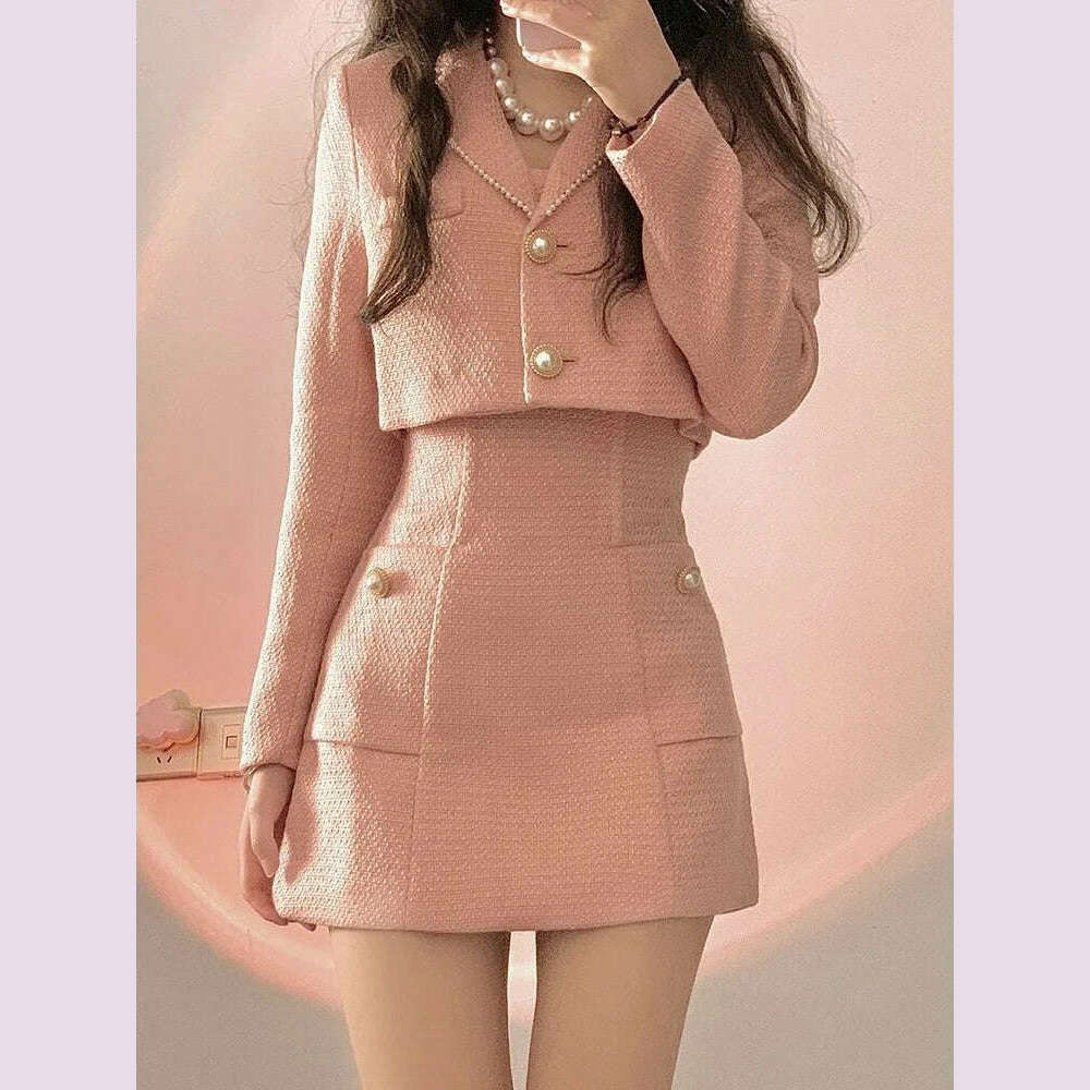 Autumn Pink Elegant Two Piece Set Women Korean Style Balzer Coat+Strap Mini Dress Set Female Solid Casual Slim Designer Set 2022 - KIMLUD