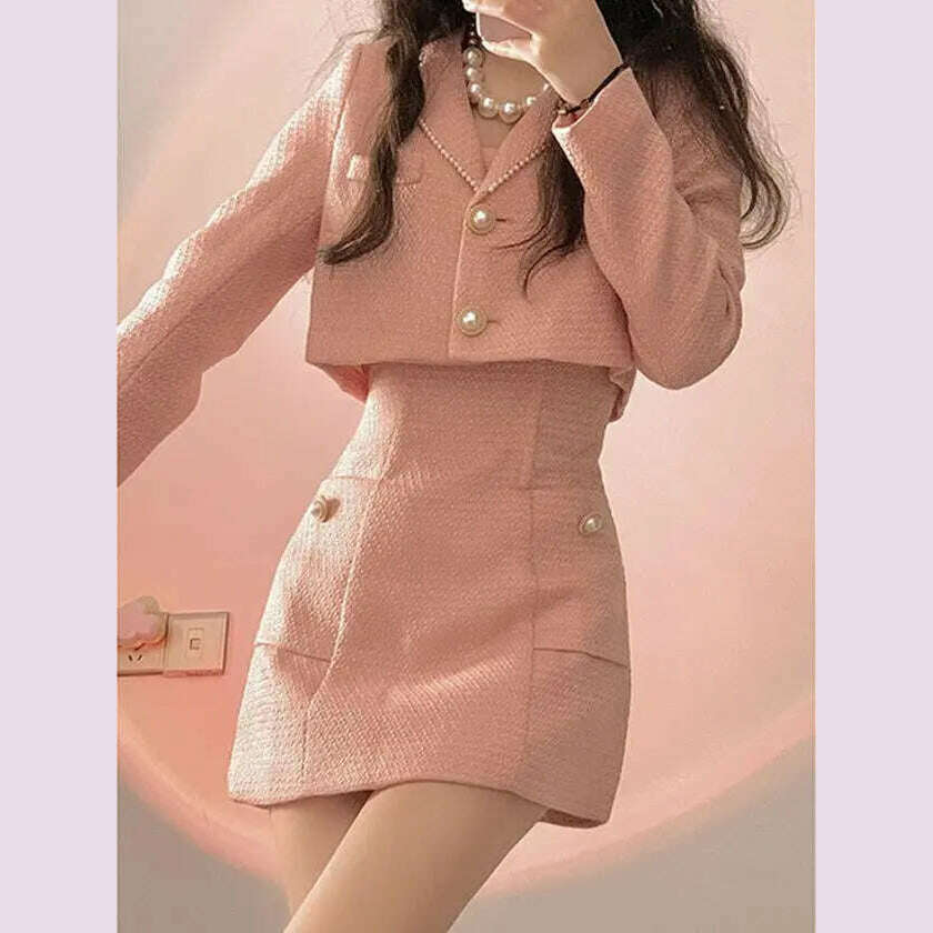 Autumn Pink Elegant Two Piece Set Women Korean Style Balzer Coat+Strap Mini Dress Set Female Solid Casual Slim Designer Set 2022 - KIMLUD