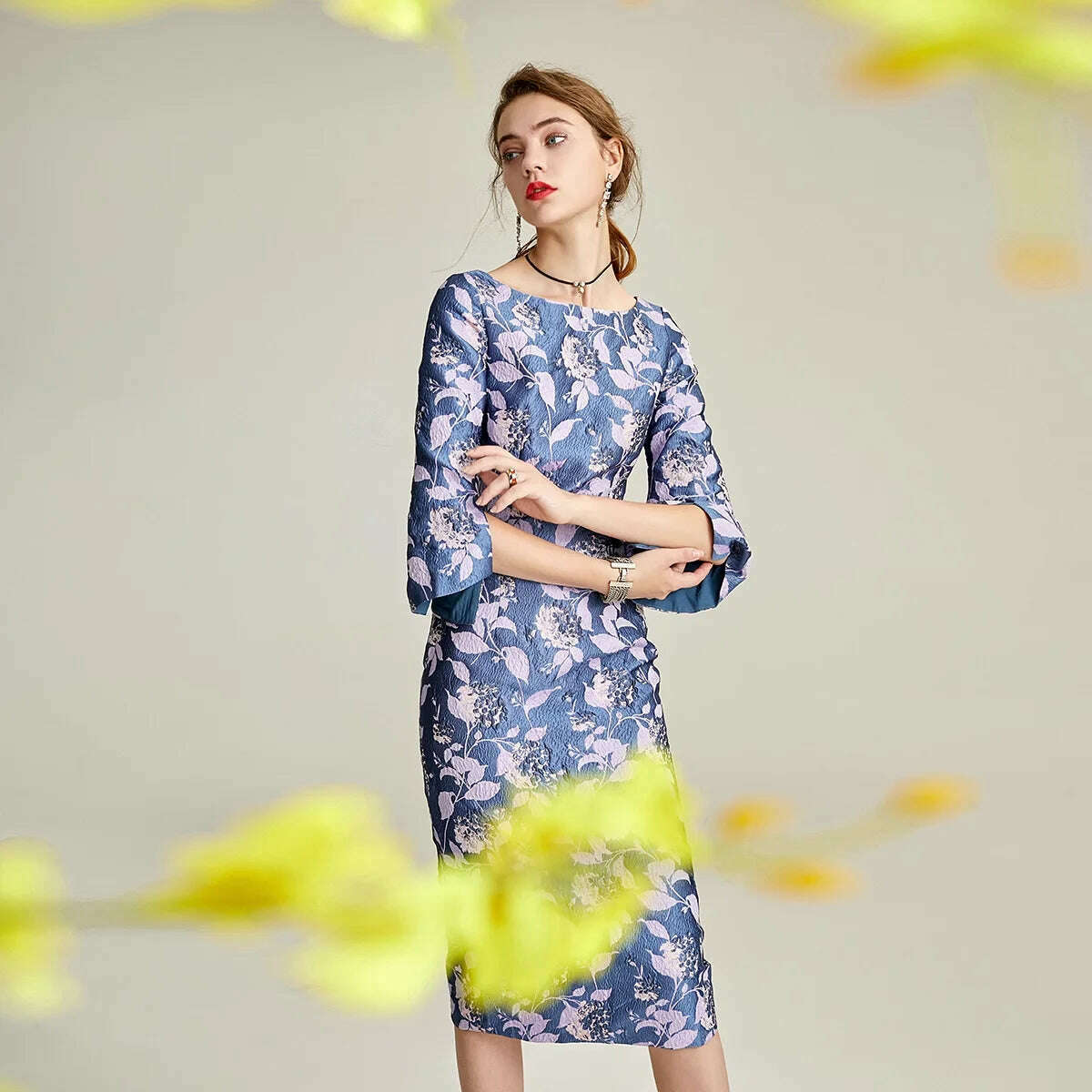 Autumn Straight Dress Office Lady Jacquard Pencil Dresses Three Quarter Party Evening Clothing Floral Dress Vintage - KIMLUD