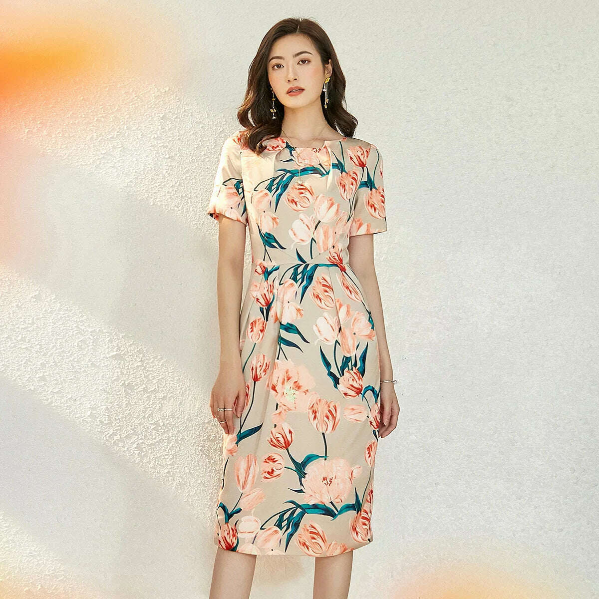 Autumn Straight Dress Office Lady Jacquard Pencil Dresses Three Quarter Party Evening Clothing Floral Dress Vintage - KIMLUD