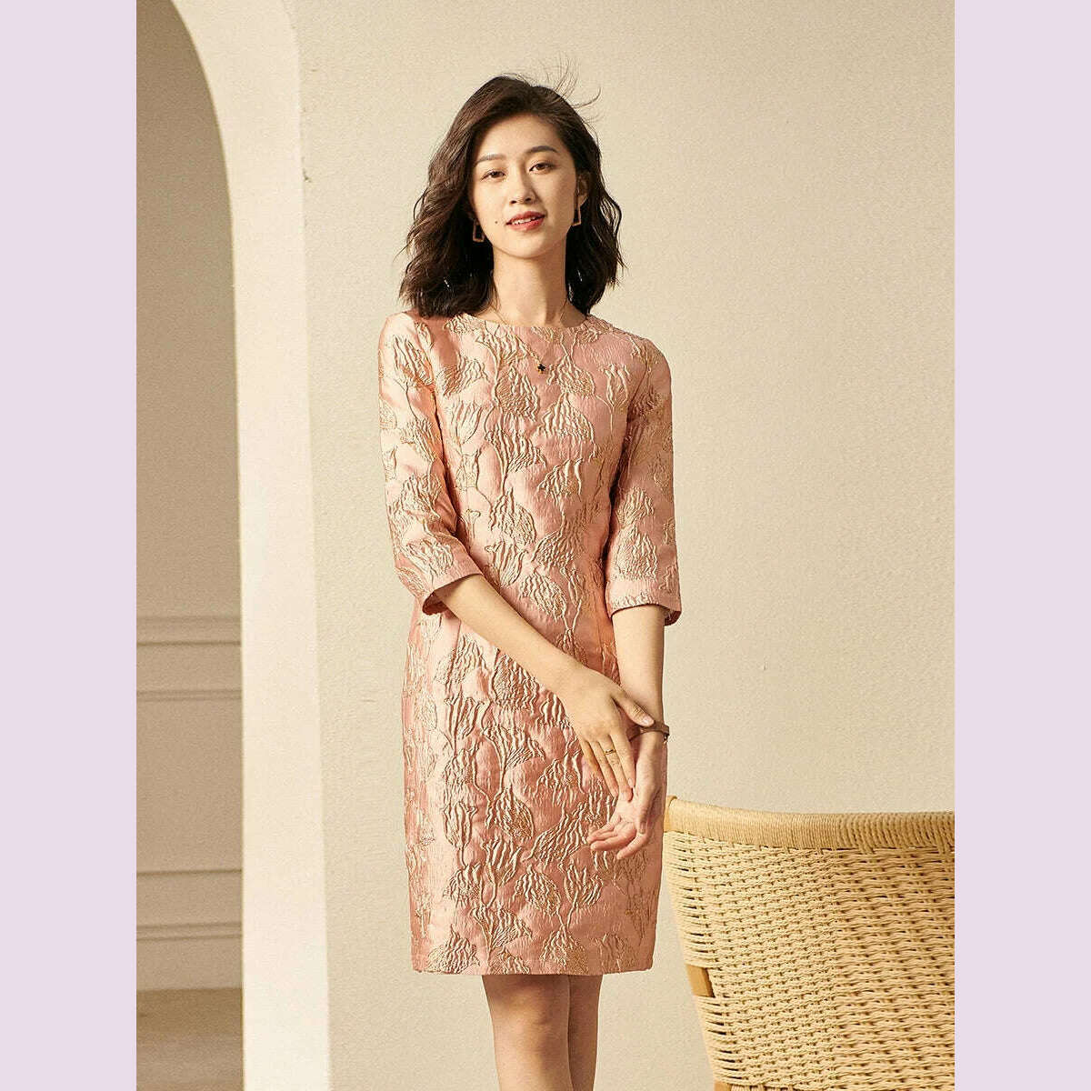 Autumn Straight Dress Office Lady Jacquard Pencil Dresses Three Quarter Party Evening Clothing Floral Dress Vintage - KIMLUD