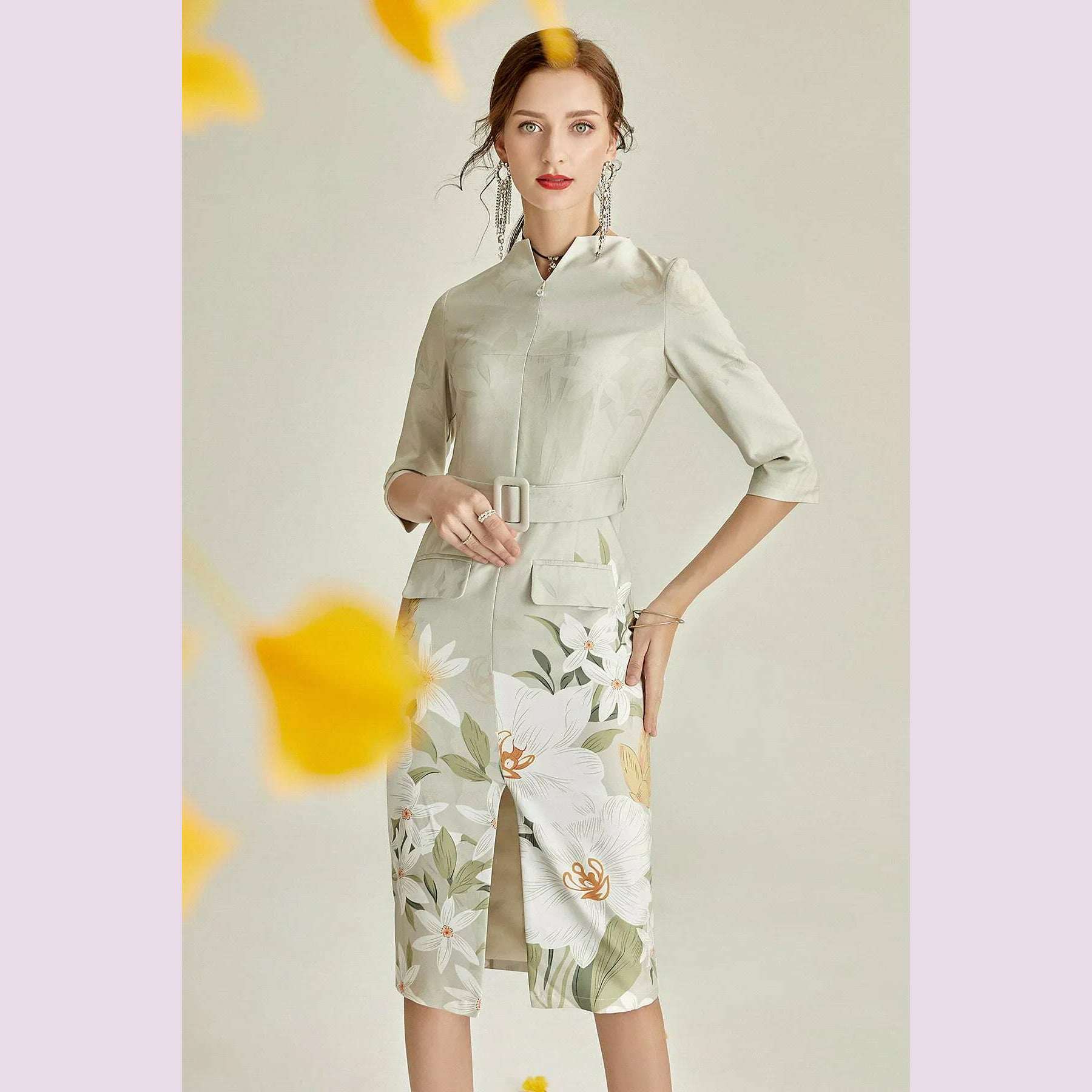 Autumn Straight Dress Office Lady Jacquard Pencil Dresses Three Quarter Party Evening Clothing Floral Dress Vintage - KIMLUD