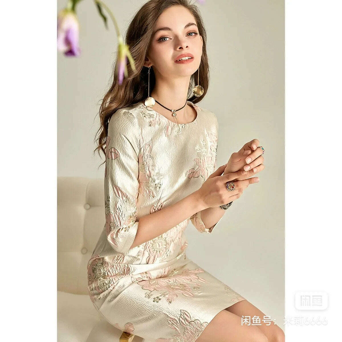 Autumn Straight Dress Office Lady Jacquard Pencil Dresses Three Quarter Party Evening Clothing Floral Dress Vintage - KIMLUD
