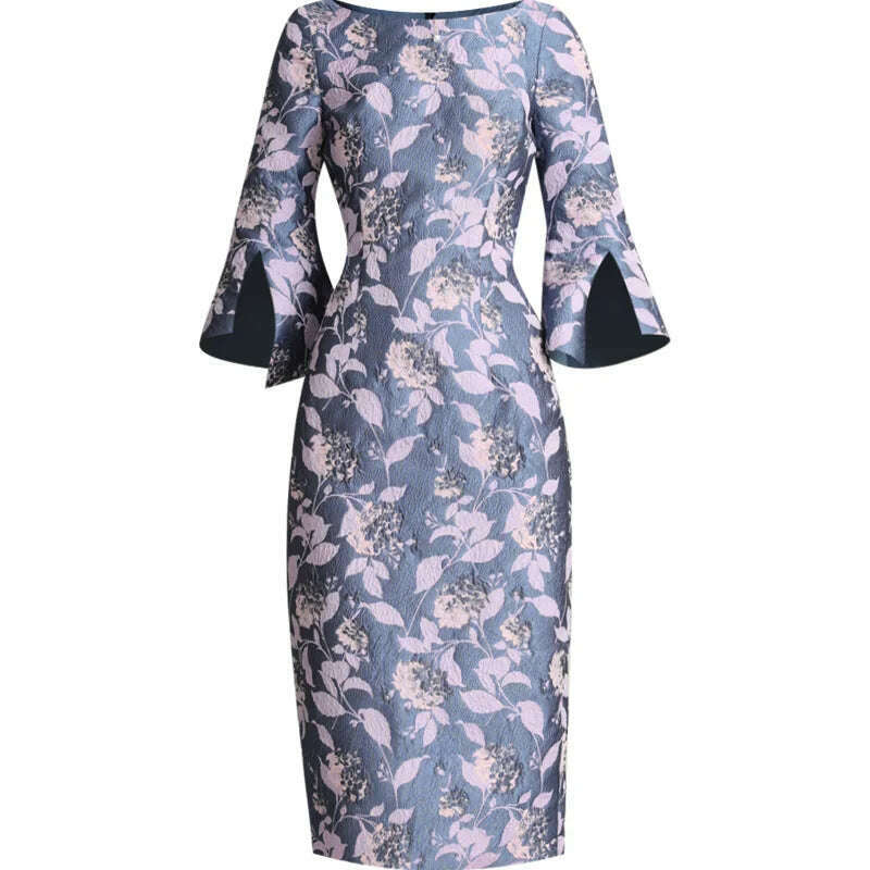 Autumn Straight Dress Office Lady Jacquard Pencil Dresses Three Quarter Party Evening Clothing Floral Dress Vintage - KIMLUD