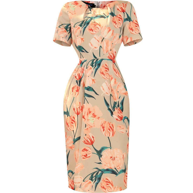 Autumn Straight Dress Office Lady Jacquard Pencil Dresses Three Quarter Party Evening Clothing Floral Dress Vintage - KIMLUD