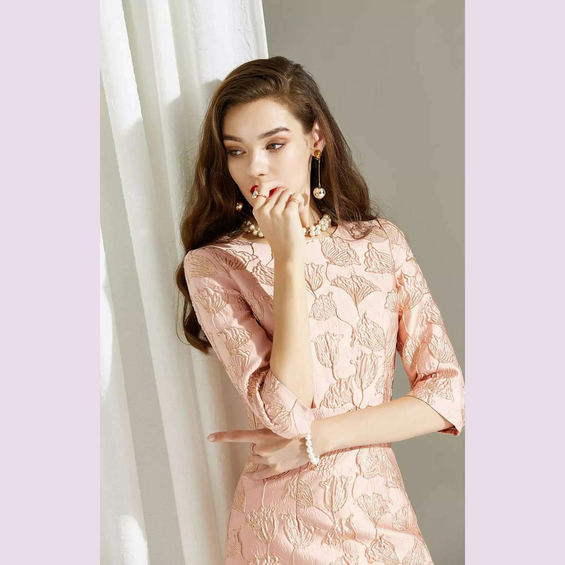 Autumn Straight Dress Office Lady Jacquard Pencil Dresses Three Quarter Party Evening Clothing Floral Dress Vintage - KIMLUD
