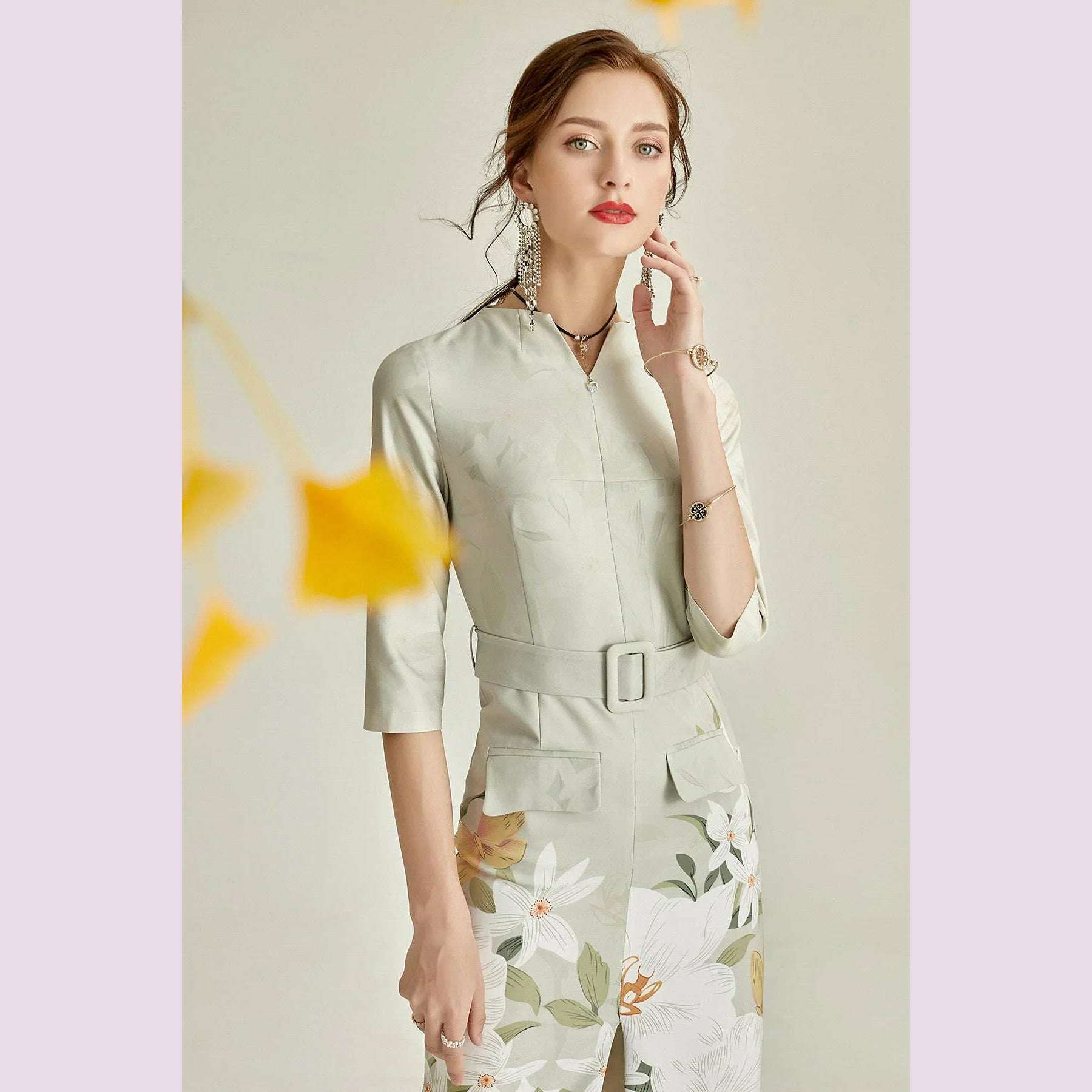 Autumn Straight Dress Office Lady Jacquard Pencil Dresses Three Quarter Party Evening Clothing Floral Dress Vintage - KIMLUD