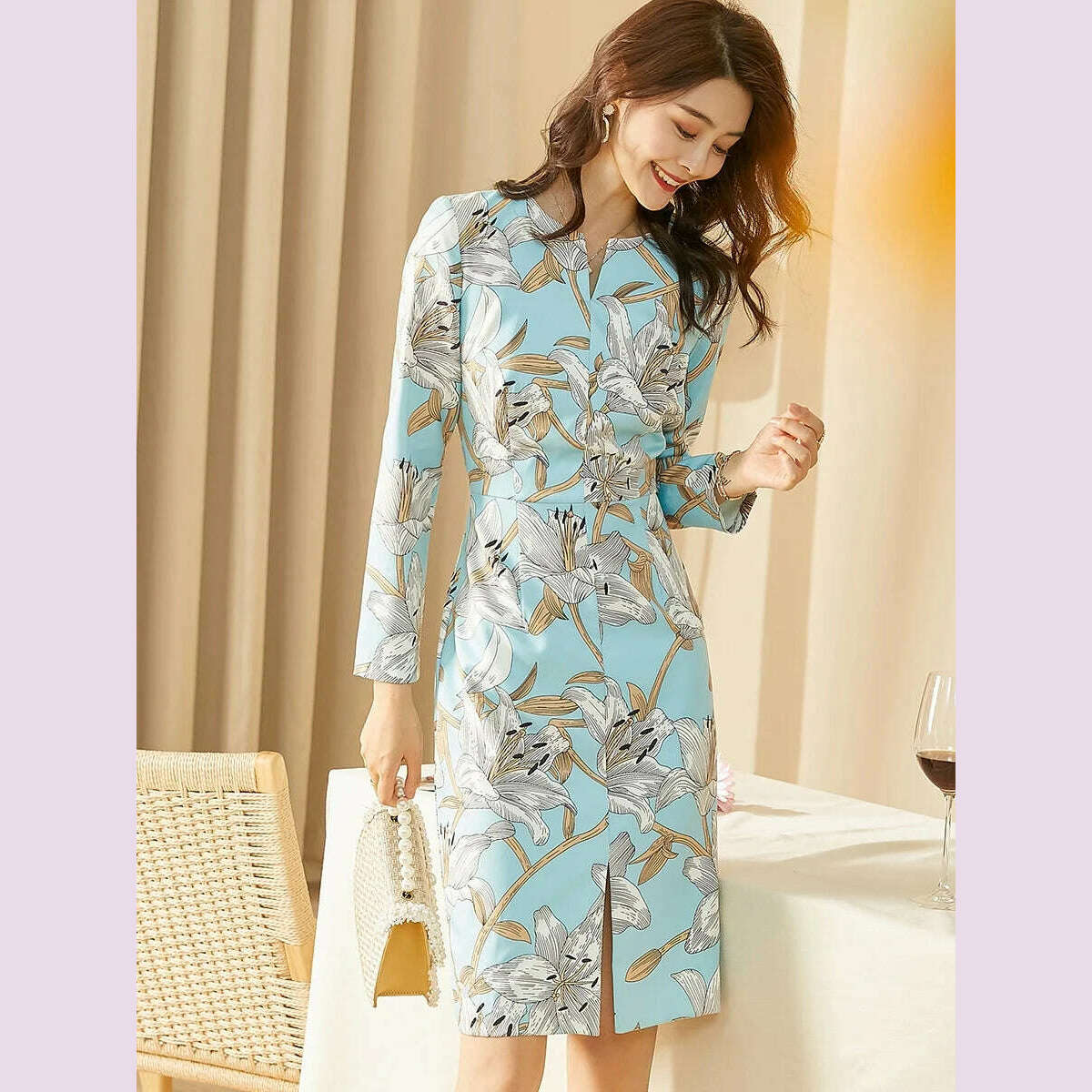 Autumn Straight Dress Office Lady Jacquard Pencil Dresses Three Quarter Party Evening Clothing Floral Dress Vintage - KIMLUD